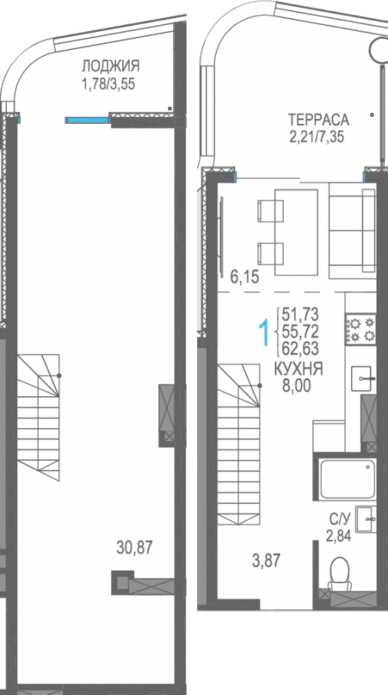 341 блок 6 8,9эт двухуров 62,63кв