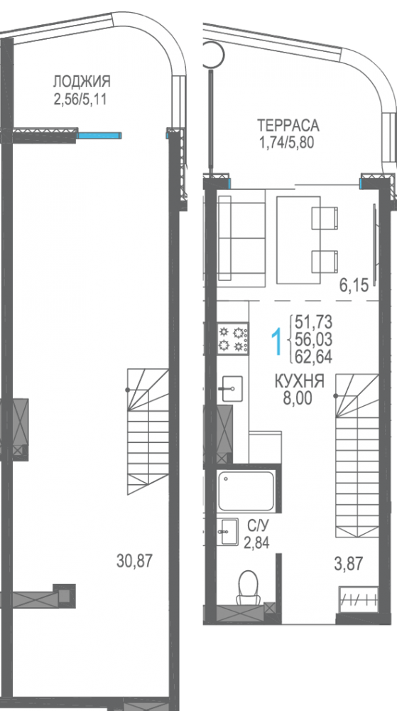 двухуровневая 351 дом6 9эт 62,64кв
