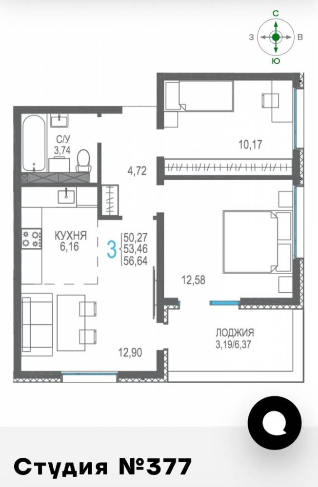 377 3к сек7 5эт 56,64кв