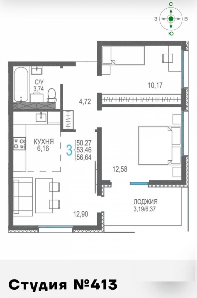 413 3к сек7 6эт 56,64кв