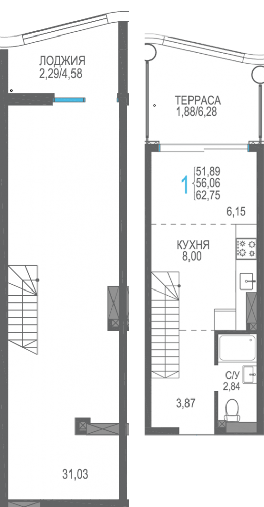 двухуровневая 433 сек7 8эт 62,75кв