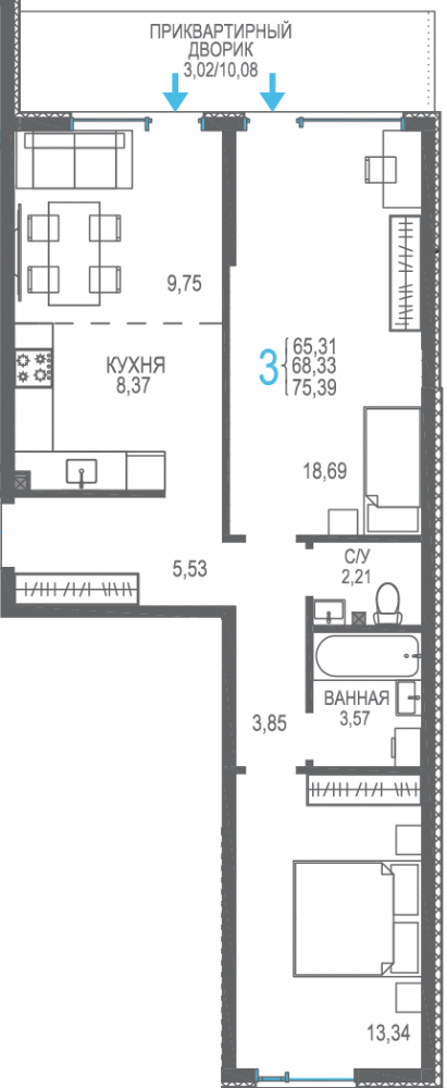 168 3к сек4 1эт 75,39кв